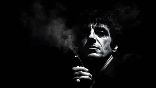 Smoky noir portrait captures intense, shadowed expression.