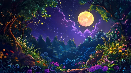 Moonlit forest clearing with dense flowers and starry sky.