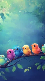 Chromatic Perch: Digital Illustration of Five Birds on Branch.