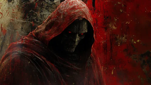 Crimson hooded reaper stalks through splattered infernal dusk.