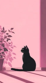 Black Cat in Pink Interior with Potted Plant.