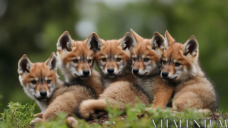Fox siblings huddle like fuzzy commas in soft green silence