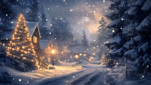 Digital painting of snowy festive village lane with lighting design.