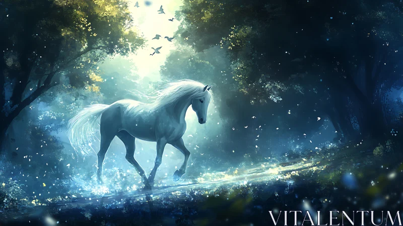 Luminous white horse in blue enchanted forest clearing.