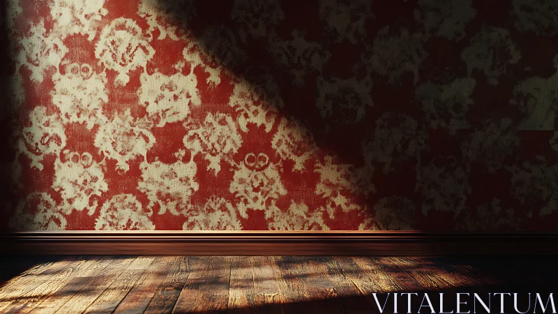 Sunlit worn red wallpaper meets aged wooden floor