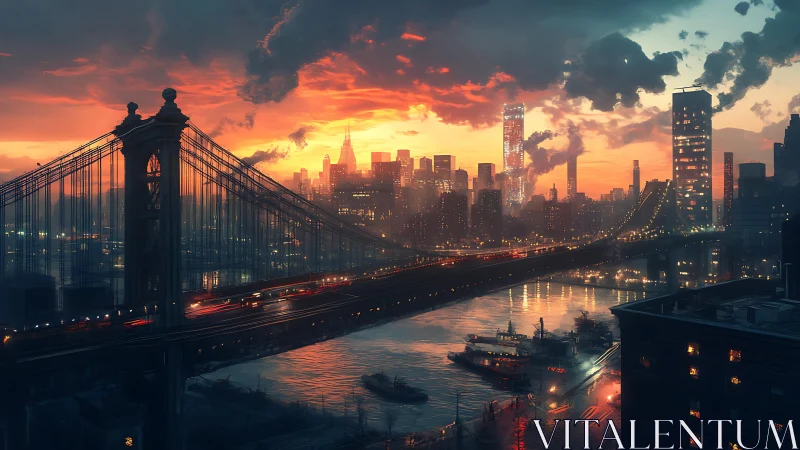 Urban suspension bridge and river at dusk with city skyline.