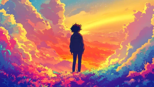 Silhouetted traveler gazes into a radiant, multicolored sky.
