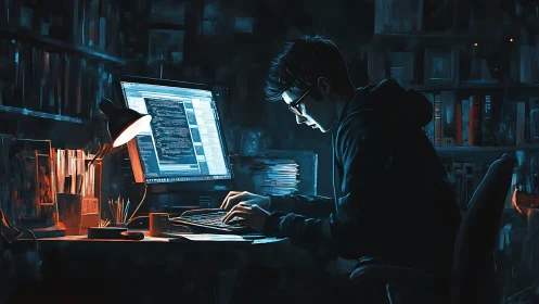 Midnight coder bends neon light into quiet digital worlds