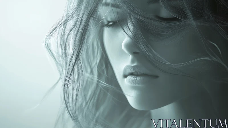 Ethereal female portrait in cool monochrome diffuse light.