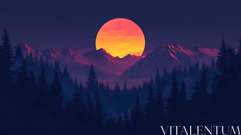 Vivid neon sun descends behind sharp alpine mountain ridge