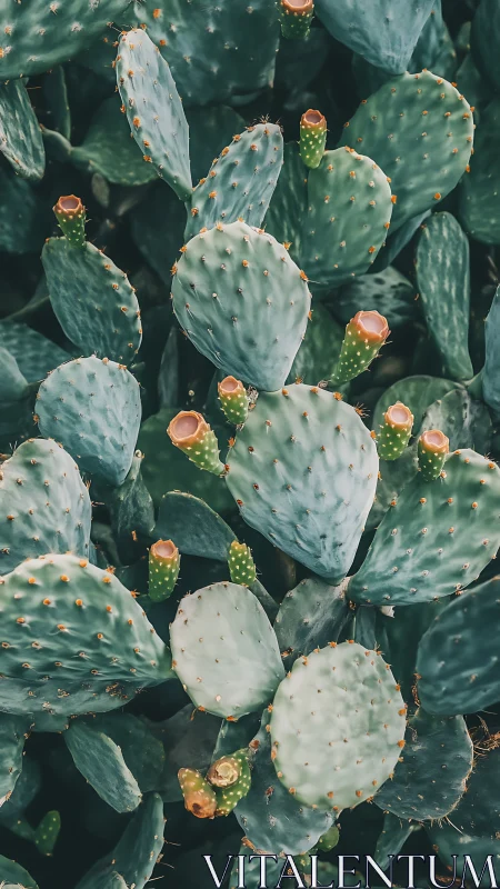 Prickly pear cactus pads with muted teal desert palette.