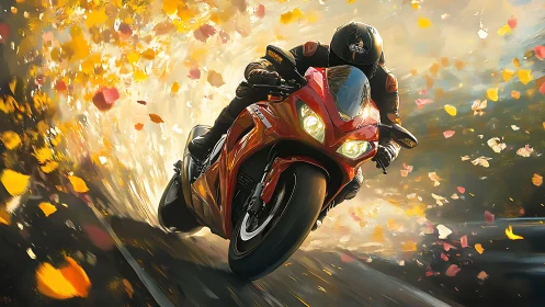 High-speed sportbike carves autumn road in dynamic digital render