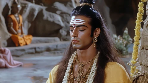 Male figure in traditional attire seated in meditative pose.