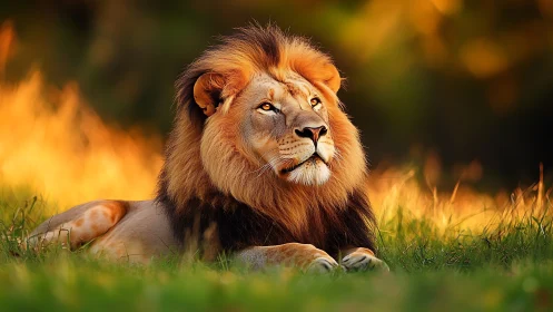 Male lion resting on grassland in warm sunset light.