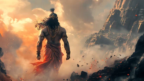 Warrior demigod strides through burning volcanic pass