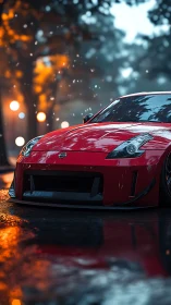 Red sports car gleams on a wet street under city lights