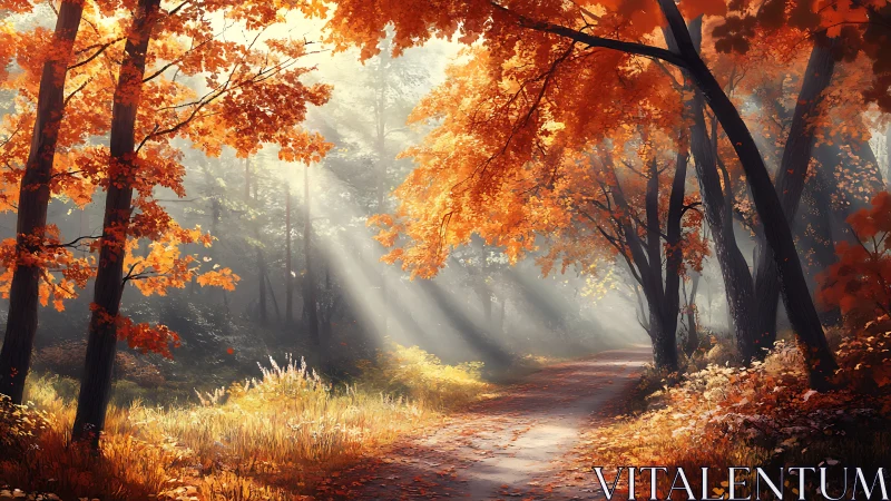 Luminous Autumn Forest Canopy: Volumetric Light Through Deciduous Trees.