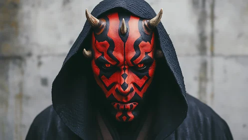 Horned shadow gazes forward through crimson warpaint glare