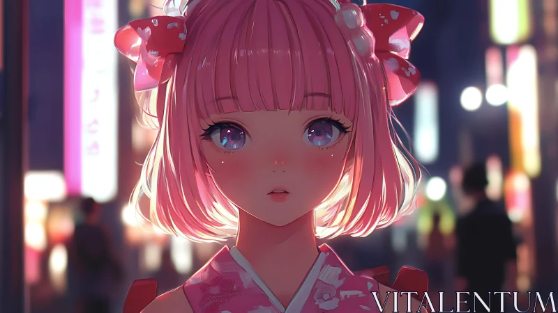 Soft neon night frames a pink haired girl in gentle wonder