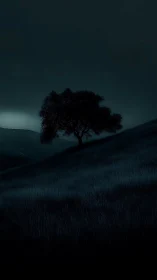 Nocturnal lone tree silhouette on sloping moorland hillside