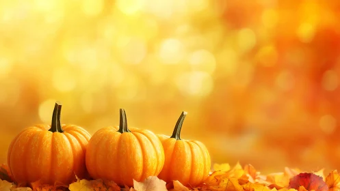 Three small pumpkins rest on autumn leaves in warm light