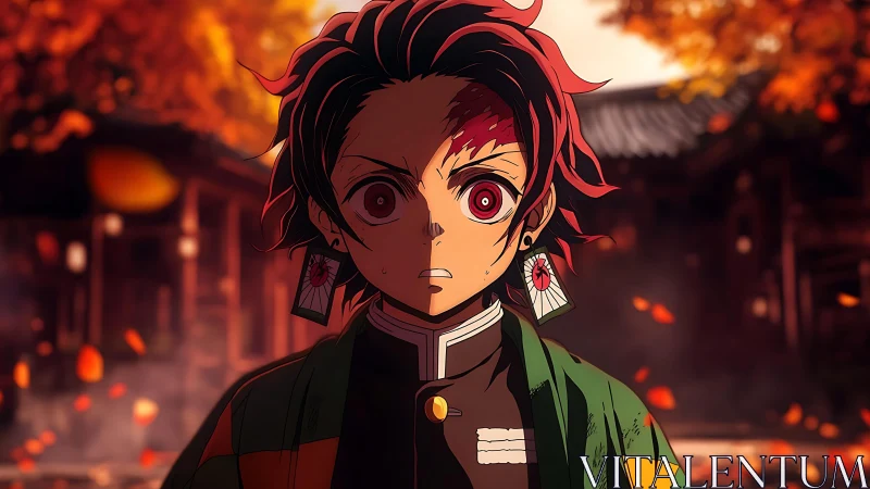 Anime hero stands shocked amid fiery autumn courtyard.