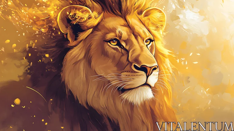 Majestic golden lion emerges from luminous abstract haze.