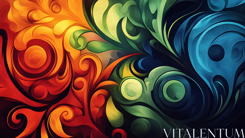 Vibrant swirling abstract unites warm and cool color fields