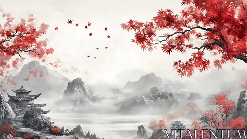 Red maple trees crown misty mountains and tranquil temple.