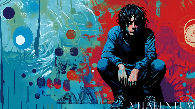 Brooding youth crouches amid vivid abstract chaos of color.