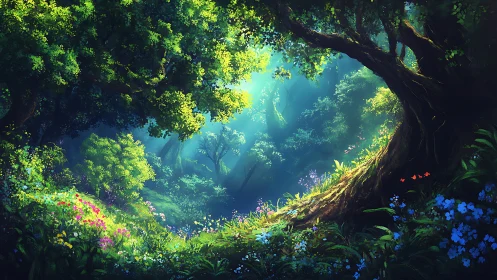 Luminous Forest Canopy: Radiant Deciduous Ecosystem with Atmospheric Light Diffusion.