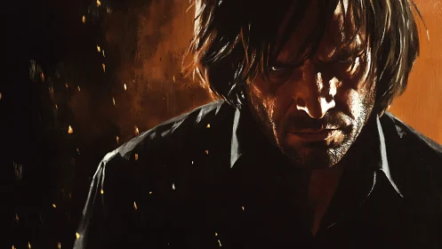 Brooding male portrait in fiery cinematic digital painting.