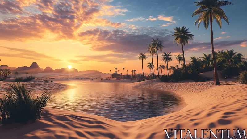 Desert oasis shoreline under low sun and scattered clouds.