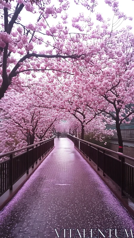 Pedestrian bridge lined with blooming cherry blossom trees.