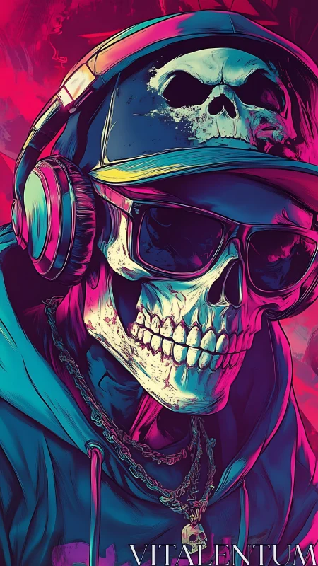 Neon skull DJ portrait merges streetwear with vaporwave glow