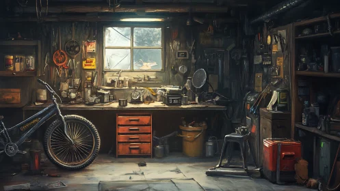Cluttered workshop with bicycle, tools, and wooden bench.