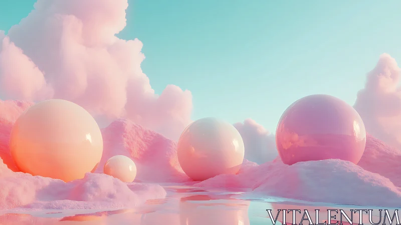 Glossy pastel spheres on pink clouds under clear sky.