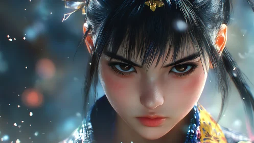 Fierce warrior girl stares ahead amid drifting light flakes.