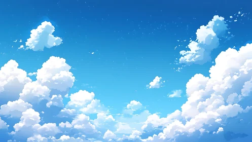 Sunlit cumulus clouds drift across deep blue summer sky