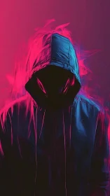Hooded cyber figure glows in neon pink blue shadows.