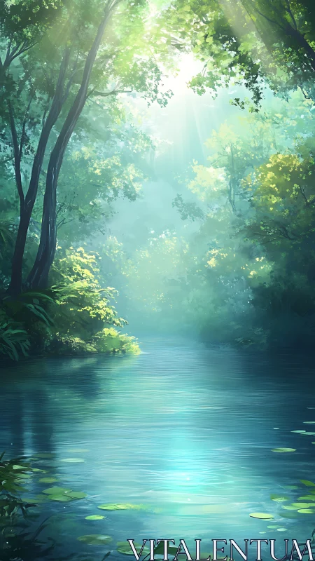 Vertical digital illustration shows forest river under diffuse light