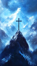 Majestic cross rises calmly above deep blue winter peaks