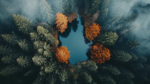Autumn trees encircle misty forest pond from above.