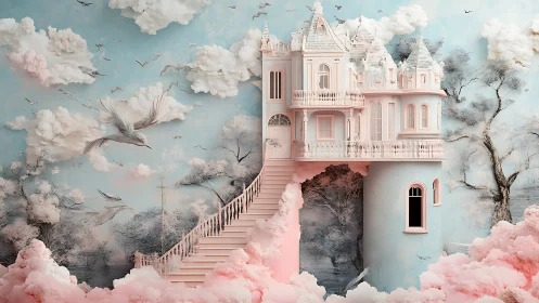 Surreal pastel sky castle with ascending cloud stairway composition.