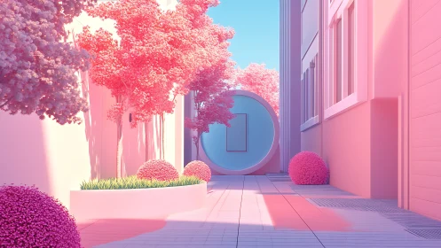 Dreamy pink courtyard with modern circular portal doorway.