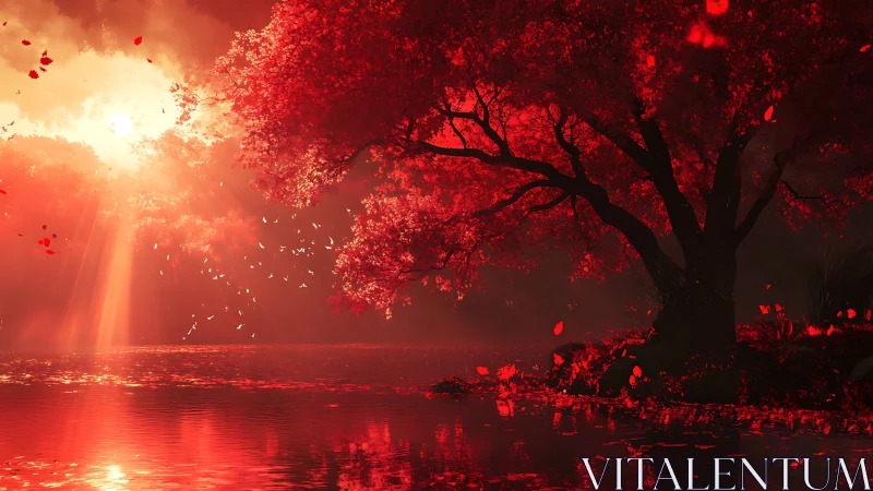 Red foliaged tree by reflective lake under strong sunset.
