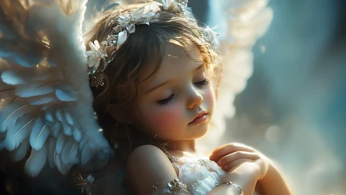 Child angel portrait shows soft wings and closed eyes in light