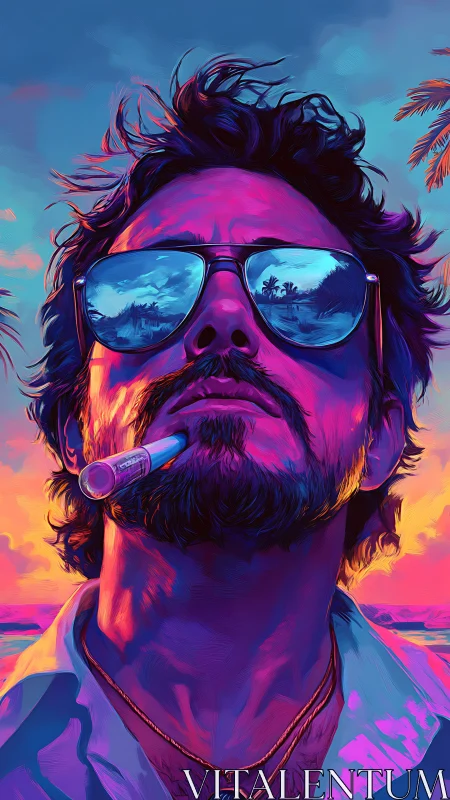 Sun-drenched rebel stares down a neon tropical horizon