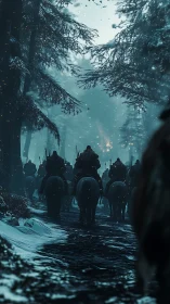 Medieval cavalry column in winter conifer forest, rear view