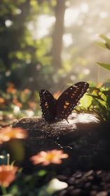 Butterfly on sunlit forest rock with shallow focused flowers.